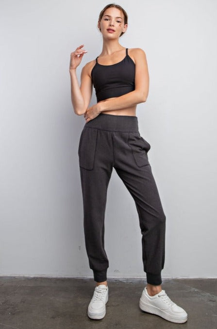 BeautybyShree Rib Brushed Full Length Jogger Pant in Black