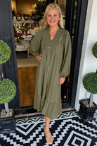 Green Collared V Neck Smocked Detail Contrast Leopard Trim Long Dress Midi Dresses d66d284f55323fe6