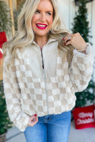 Khaki Checkered Sherpa Corduroy Patchwork Zip-up Collared Jacket Jackets d680de1448be63a2