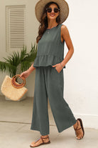 Duffel Green Solid Color Ribbed Ruffle Tank Top and Pants Set Two Piece Pants Sets d6a90f8c499d777f