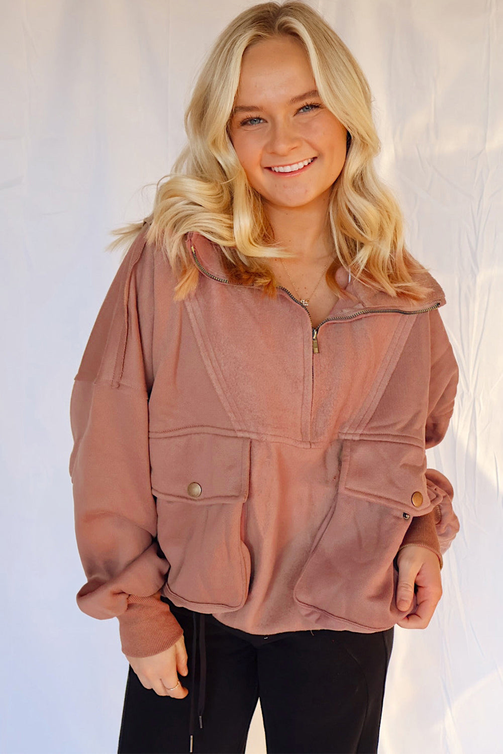 Camel Exposed Seam Side Pockets Half Zipper Baggy Sweatshirt Sweatshirts & Hoodies d6aa1136b6927239