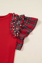 Racing Red Plaid Pearl Ruffled Sleeve Knitted Christmas Holiday Plus Size Top Plus Size Tops d6c786aa2a1ad617