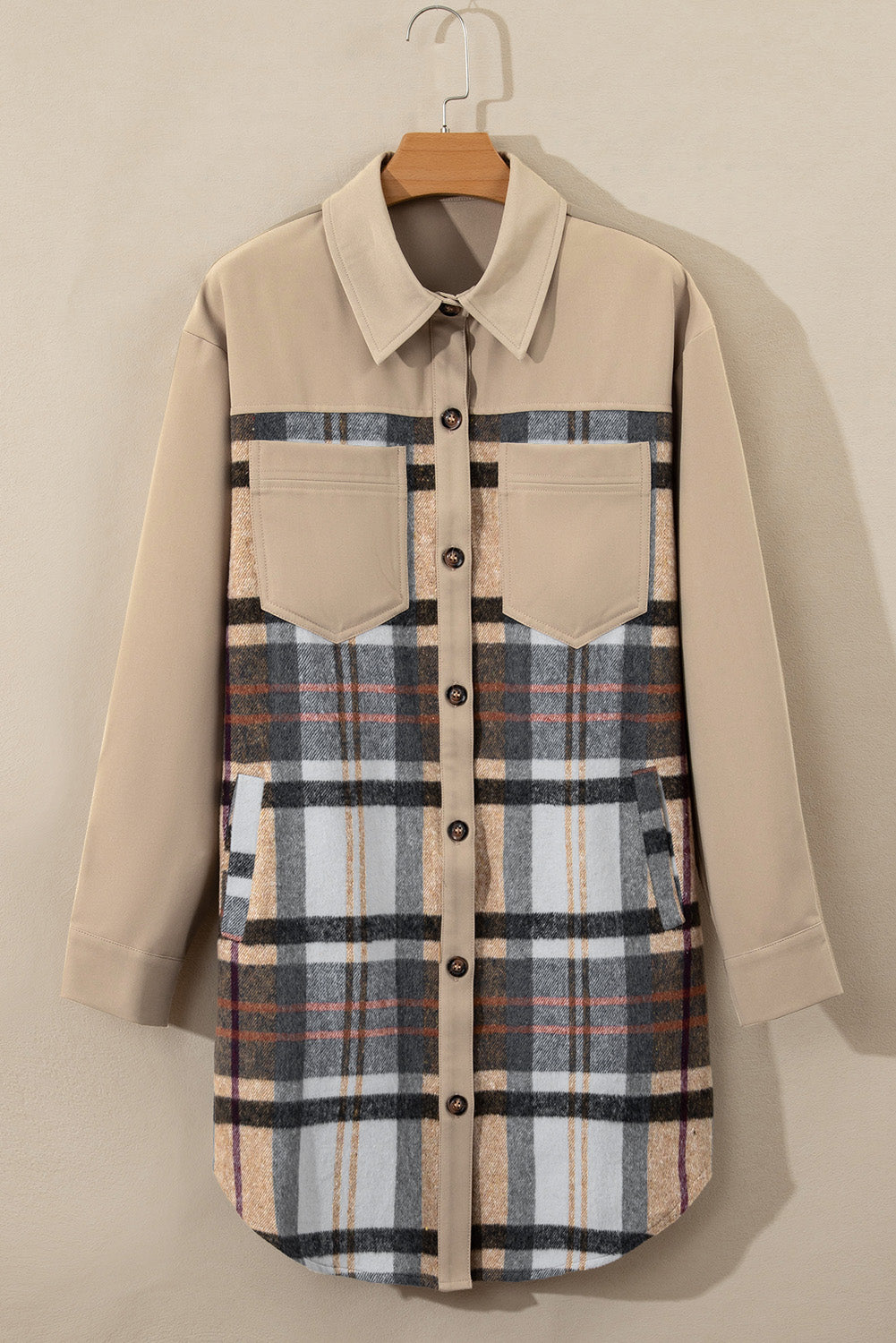 Khaki Plaid Patchwork Long Sleeve Jacket Jackets d6fdaa0143b05a9e
