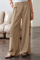 Camel Solid Color Elastic High Waist Loose Cargo Pants Pants d710dfd7a832e9f5
