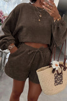 Dark Brown Textured Knit Drop Shoulder Pullover Drawstring Shorts Set Two Piece Shorts Sets d72ccbc10a2b7102