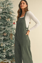 Jungle Green Plain Pocketed Loose Fit Corduroy Overalls Jumpsuits d730f89419a9fb08