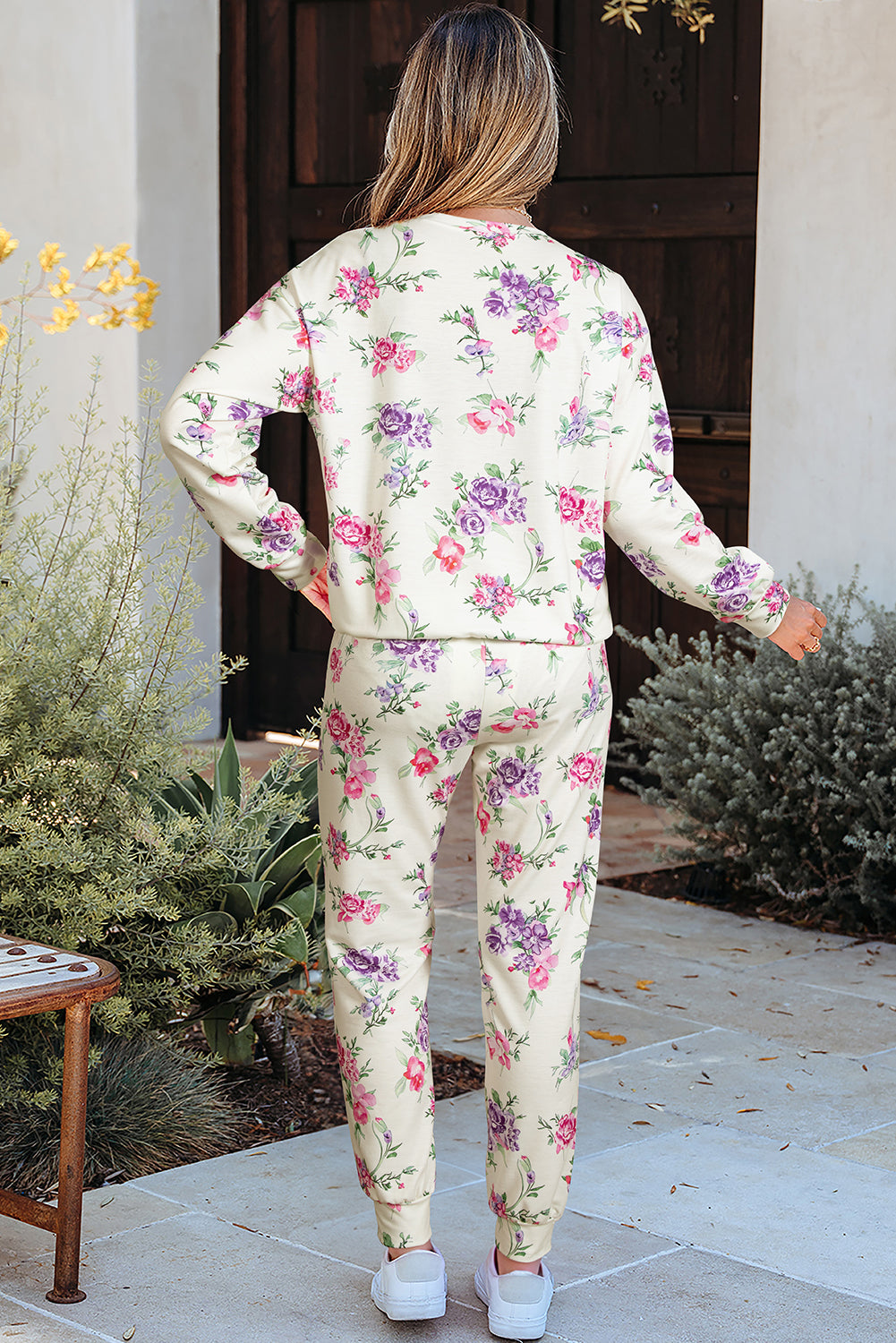 Apricot Floral Print Pullover Drawstring Lounge Pants Set Loungewear Set d751036aced1cb97