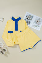 Yellow Colorblock Patchwork Half Button Pullover and Shorts Outfit Two Piece Shorts Sets d7709633222e8fce