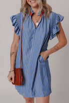 Sky Blue Stripe Frilly Split Neck Shirred Ruffle Sleeve Mini Shift Dress Short Dresses d77133adeec66e0e