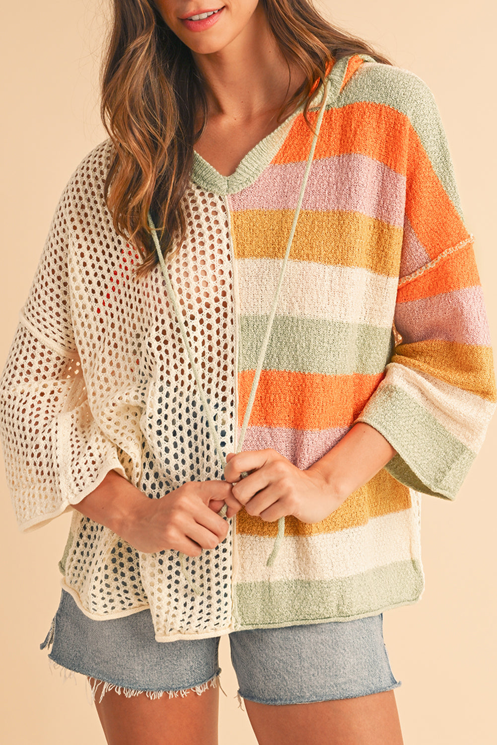 Beige Oversized Colorblock V Neck Hooded Sweater Sweaters d775665de9e66387