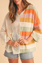 Beige Oversized Colorblock V Neck Hooded Sweater Sweaters d775665de9e66387