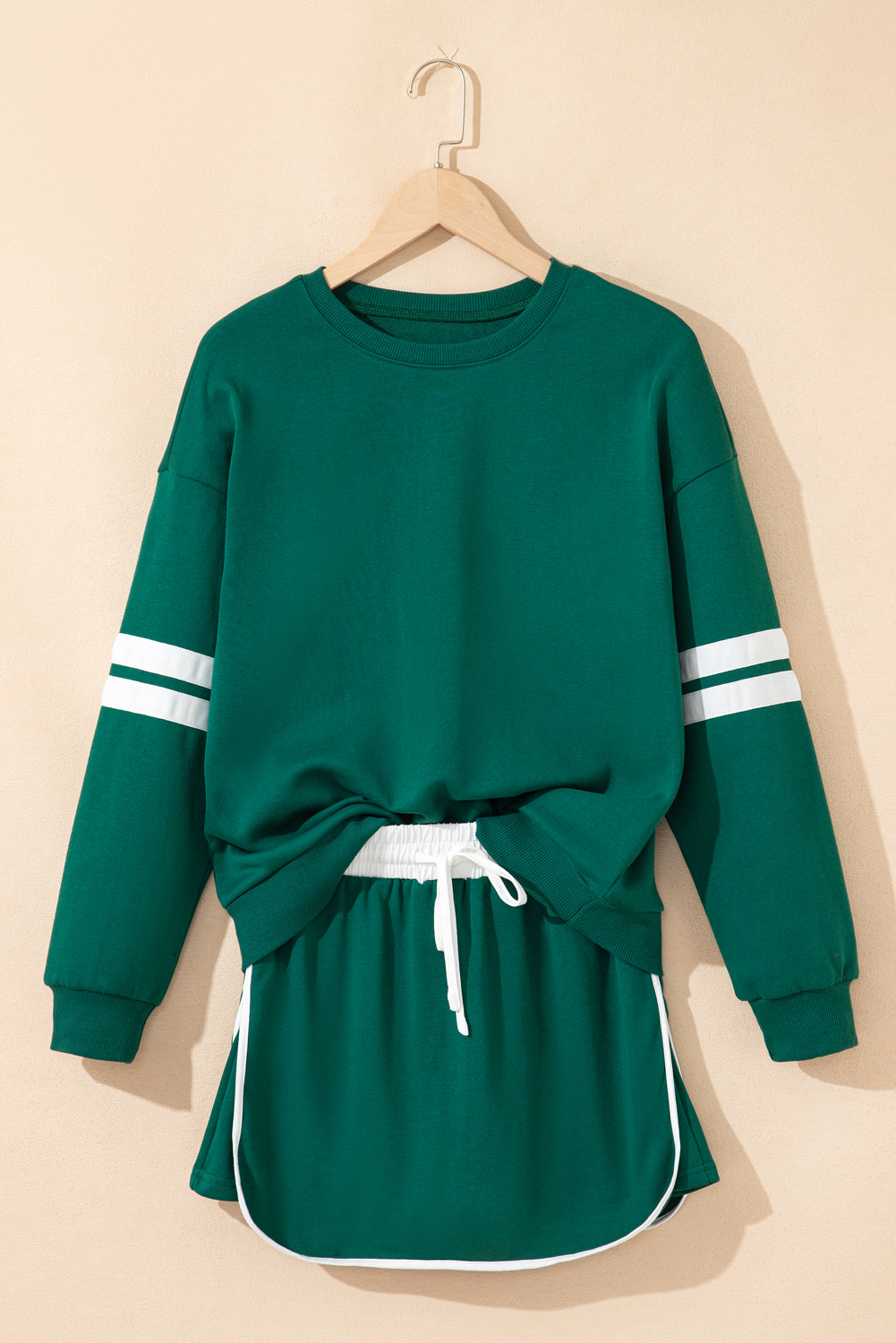 Evergreen Varsity Stripe Detail Drop Shoulder Pullover Mini Skort Set Two Piece Shorts Sets d778aee916382559