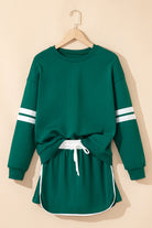Evergreen Varsity Stripe Detail Drop Shoulder Pullover Mini Skort Set Two Piece Shorts Sets d778aee916382559