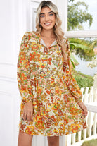 Yellow Cream Floral Print Tie V Neck Long Sleeve Mini Dress Short Dresses d77aabbf02e0cf88