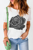 White Large Rose Graphic Crew Neck T Shirt Graphic Tees d77b311a11a6b7fb