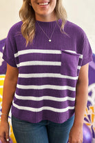 Purple Stripe Raw Edge Patched Pocket Short Sleeve Knit Sweater Sweaters d77db00a8cba09e6