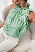 Green Striped Frill Neck Tie Knot Sleeveless Top Sleeveless Shirts d7bd63f31ebff7a7