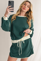 Evergreen Contrast Trim Loose Pullover and Lace-up Waist Skort Set Two Piece Shorts Sets d7f14d43d8d11f70