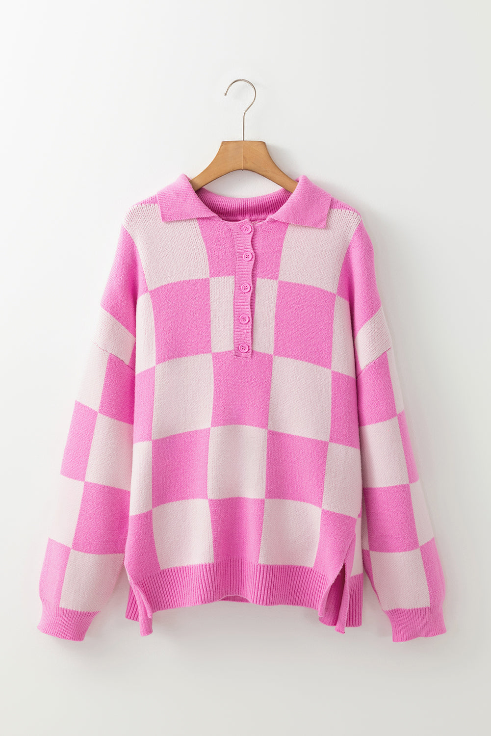 Pink Checkered Button Collared Sweater Sweaters d815b5cfbeadcfe4