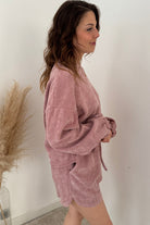 Fushia Textured Knit Drop Shoulder Pullover Drawstring Shorts Set Two Piece Shorts Sets d82c3b41c7570c11