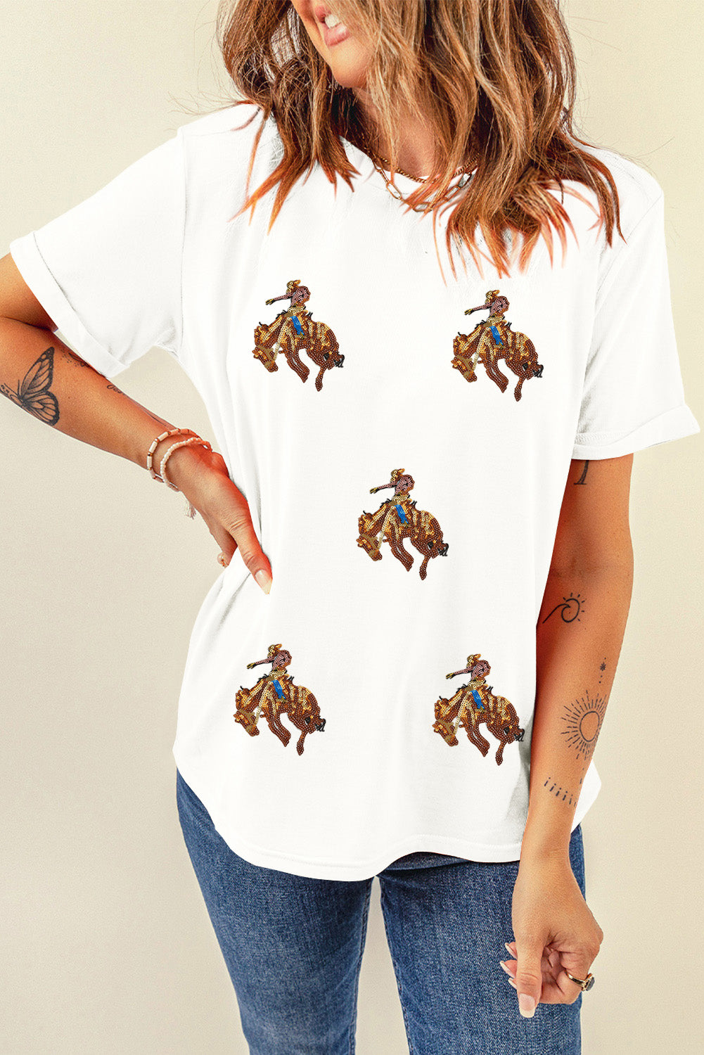 White Rodeo Sequins Patch Graphic Casual Round Neck Tee Graphic Tees d8407db00950cb12