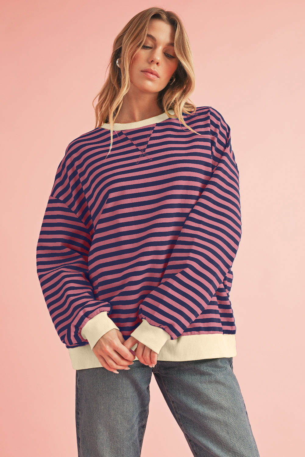 Blue Stripe Contrast Edge Cross Seam Oversized Pullover Sweatshirts & Hoodies d85e9641419cddfa