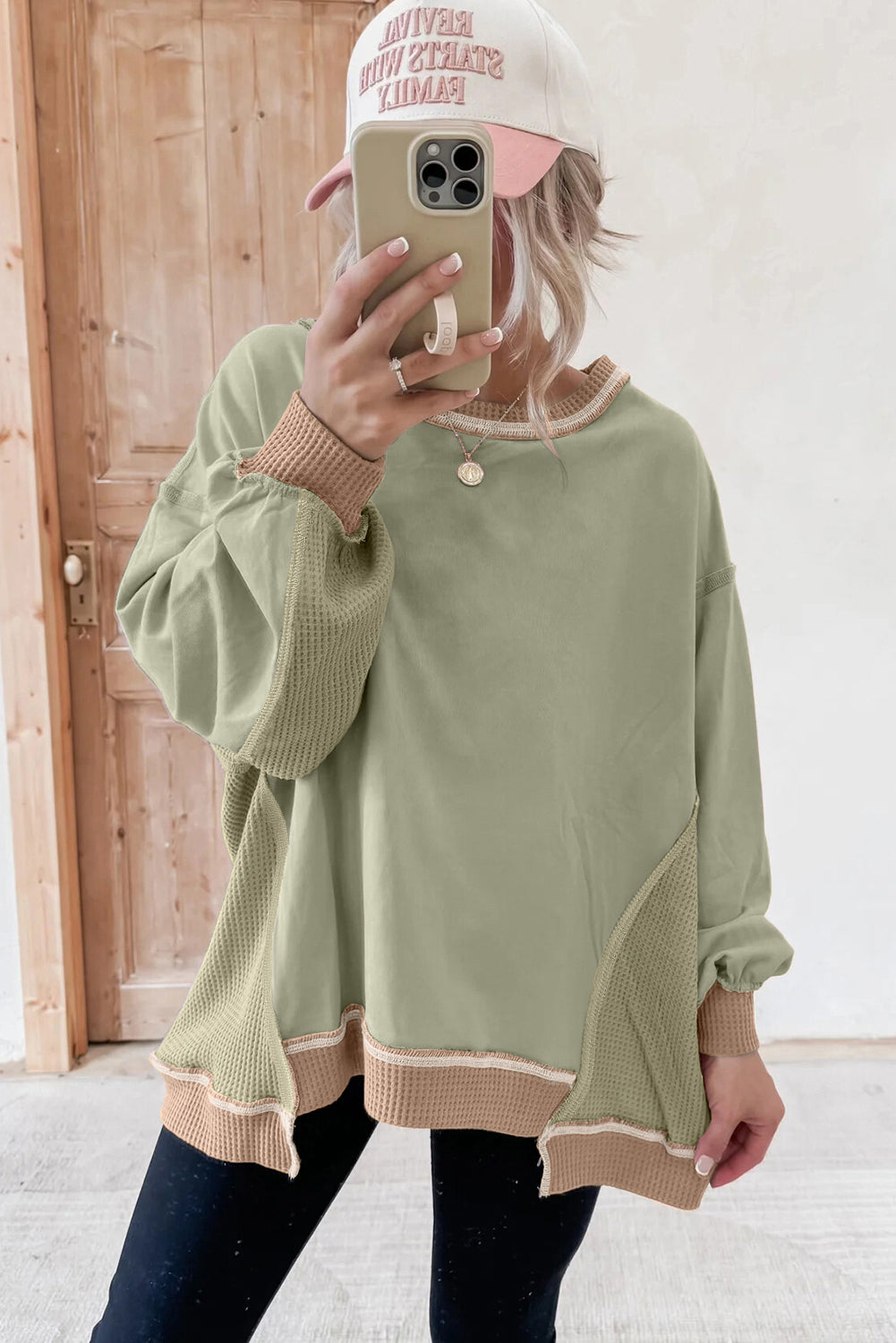 Smoke Green Colorblock Waffle Patchwork Oversize Sweatshirt Sweatshirts & Hoodies d86b06ab6d7e3b3b