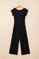 Black Checkered Mesh One Shoulder Short Sleeve Knotted Waist Jumpsuit Jumpsuits d86d15f9c7044130
