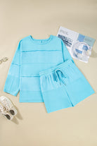 Aruba Blue Solid Color Pullover Top Plus Size Raw Hem Shorts Set Plus Size Matching Sets d8b7b6021c400253