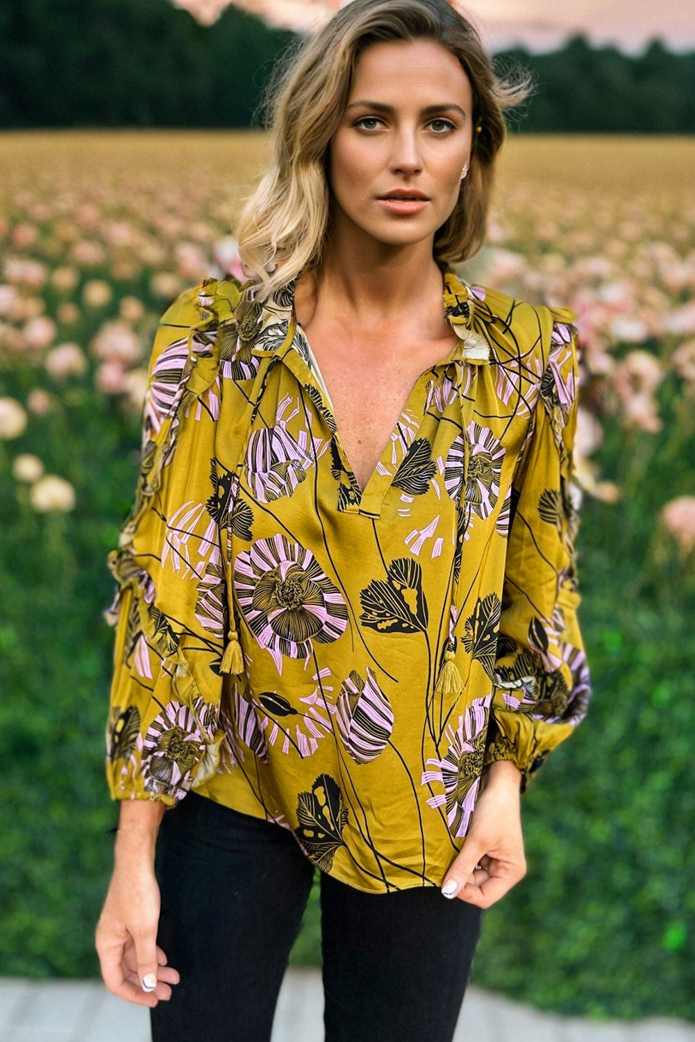 Yellow Vintage Floral V Neck Ruffle Trim Long Sleeve Blouse Blouses d8b9cdd421721384