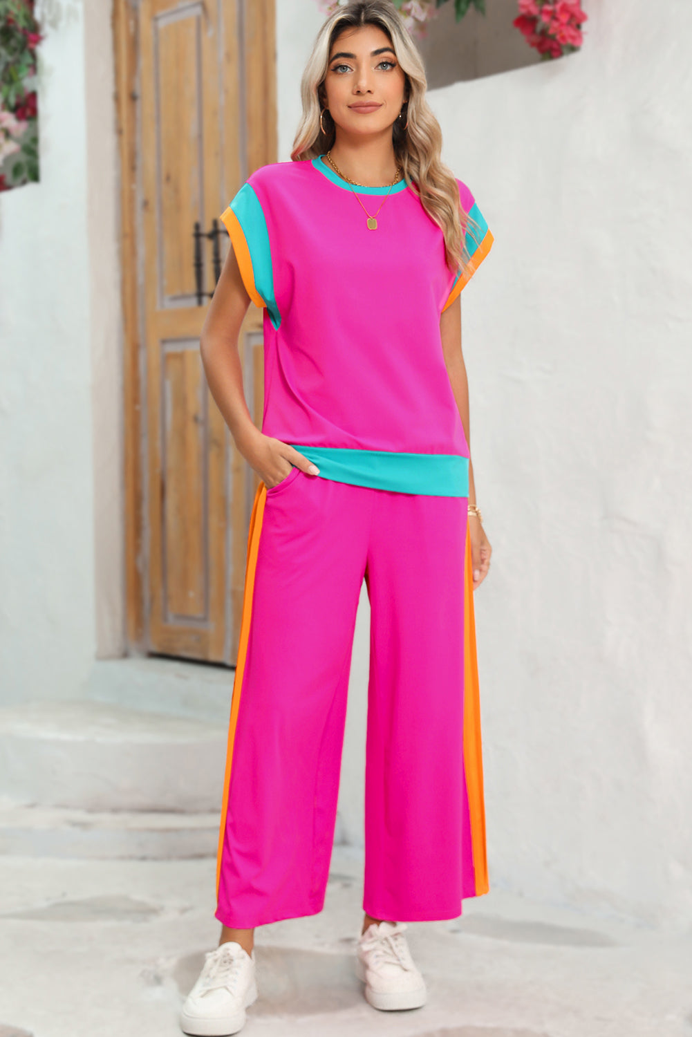 Strawberry Pink Colorblock Cap Sleeve Tee and Wide Leg Pants Set Two Piece Pants Sets d8e53d7cff01ac1a