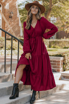 Burgundy Solid Long Sleeve Button V Neck Tiered Maxi Dress Maxi Dresses d8ea0dc6f8dbefef