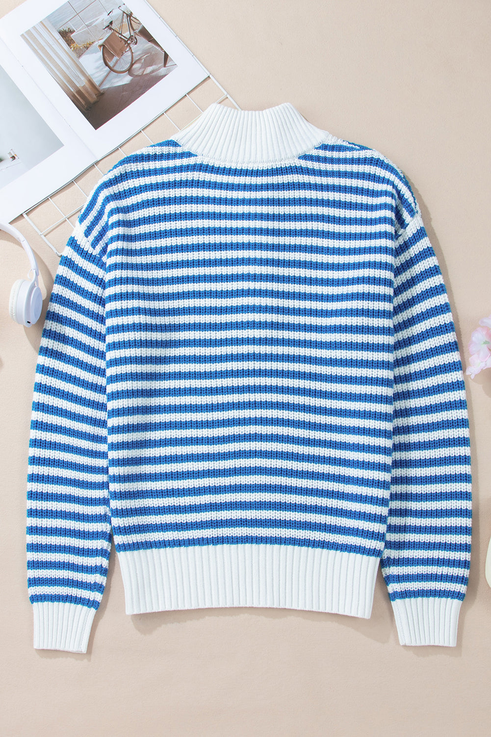 Sky Blue Stripe Zip up Collar Drop Sleeve Sweater Sweaters d910b94cc946d743