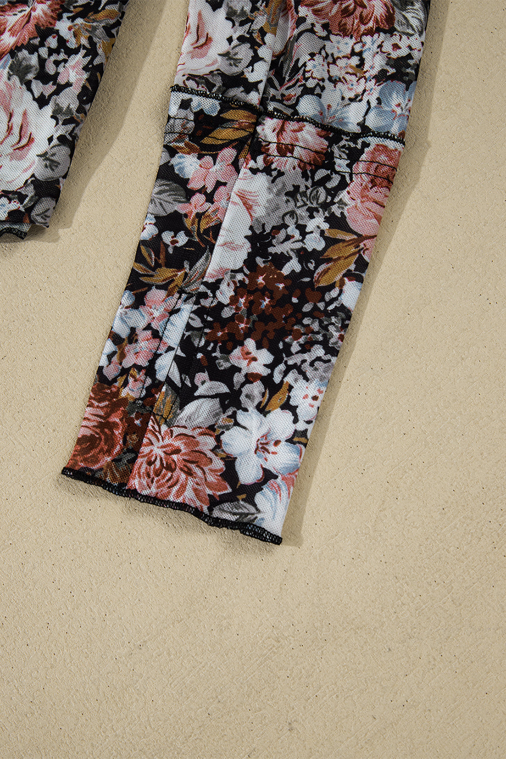 Brown Floral Print Mesh Mock Neck Slim Top Long Sleeve Tops d926d977cb2f526a