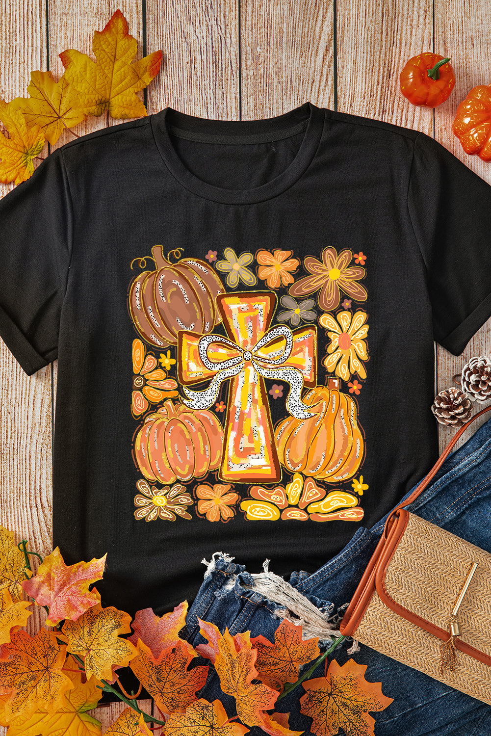 Black Thanksgiving Pray Cross Pumpkin Heat Transfer Printing Graphic Cotton Blend Tee Graphic Tees d94da3109cd992bd