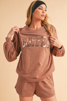 Straw Yellow Sequins COFFEE Loose Fit Sweatshirt and Shorts Set Two Piece Shorts Sets d95e3808c4a1d86d