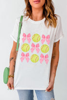 White Casual Bow Tie Baseball Graphic Round Neck Tee Graphic Tees d99c8b3054e738fd