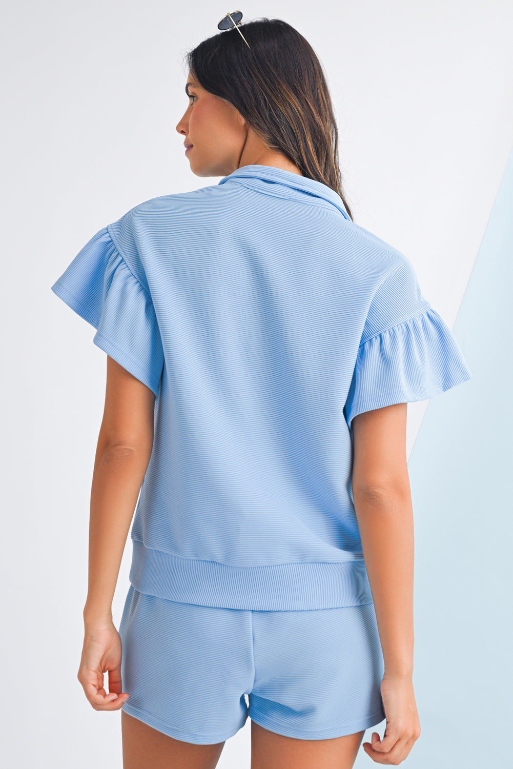 Beau Blue Solid Ribbed Short Sleeve Tee and Shorts Set Two Piece Shorts Sets d9b1000244322669