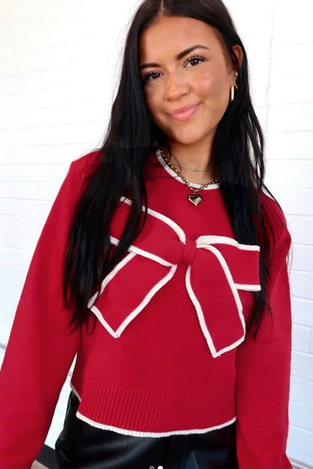 Fiery Red Contrast Trim Big Bow Accent Cropped Sweater Sweaters d9b3a82b9c4ee127