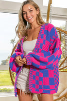Orchid Petal Colorblock Checked Open Front Knitted Cardigan Cardigans d9cae625070ac660