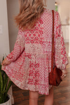 Pink Bohemian Floral Print Tassel Tie Long Sleeve Flowy Mini Dress Short Dresses d9d302de45cac965