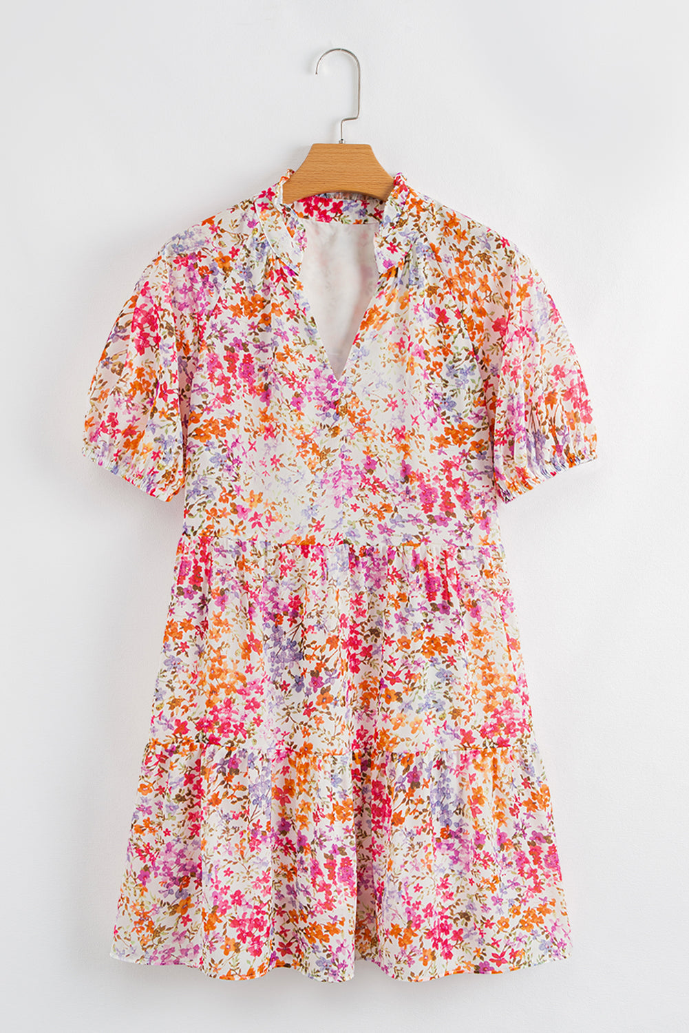 Red Floral Print Notched V Neck Puff Sleeve Tiered Mini Dress Short Dresses d9ddbda5868757a7