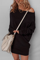 Black Asymmetric Neck Batwing Sleeve Shift Mini Sweater Dress Sweaters d9e4e0b94123b6ce