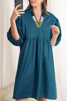 Blue Sapphire Puff Sleeve Pleated Pop of Color Neckline Dress Short Dresses d9eb1c78ddbee6d0