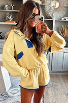 Yellow Colorblock Patchwork Half Button Pullover and Shorts Outfit Two Piece Shorts Sets d9fefd988978b4e3