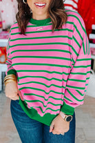 Pink Stripe Waffle Knit Crew Neck Plus Size Sweatshirt Plus Size Tops da065f7906c1bf9a