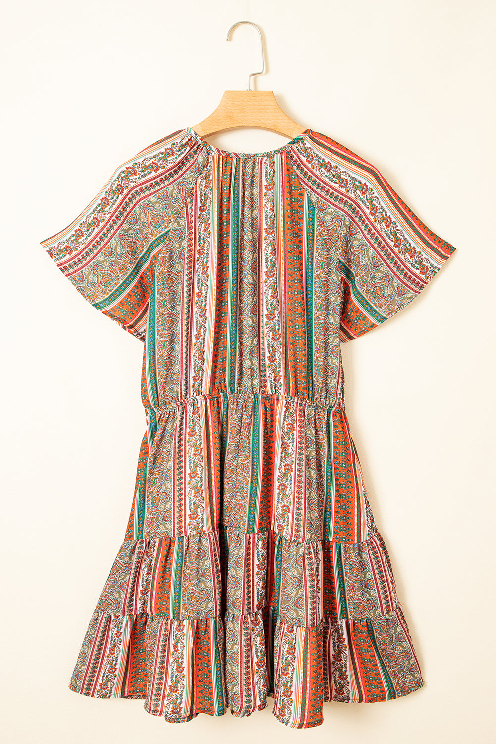 Red Bohemian Floral Print Buttoned V Neck Ruffle Tiered Dress Short Dresses da1550acbfadd21d