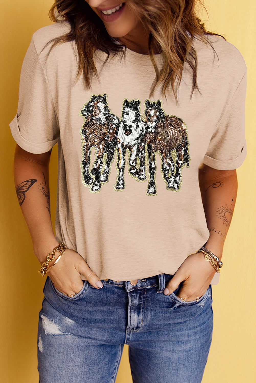 Khaki Sequin Horses Patched Casual Crewneck T Shirt Graphic Tees da1ac745ba779e07