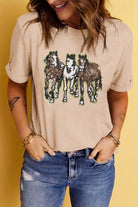 Khaki Sequin Horses Patched Casual Crewneck T Shirt Graphic Tees da1ac745ba779e07