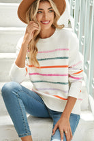 Black Colorful Striped Ribbed Trim Round Neck Sweater Sweaters da1ef58a402a80ea
